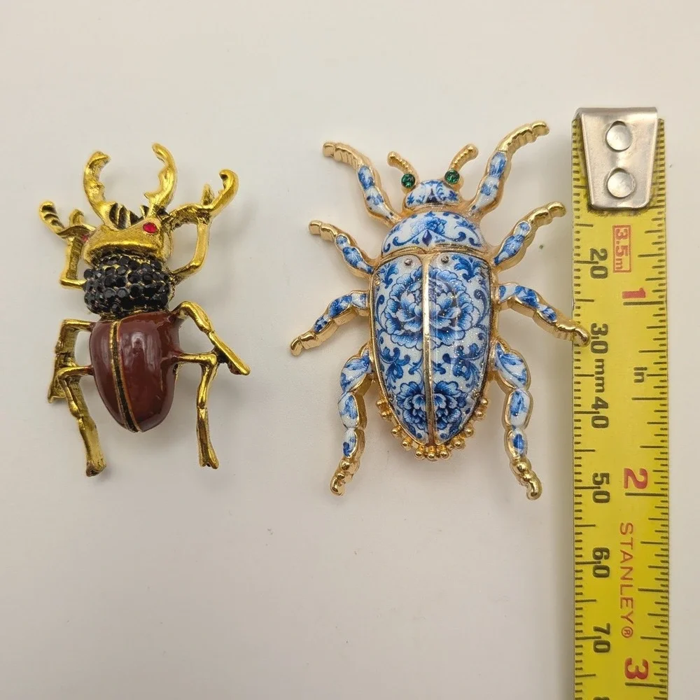 Vintage Inspired Beetle Brooch Blue White Chinoiserie & Enamel Stag Bug Pin